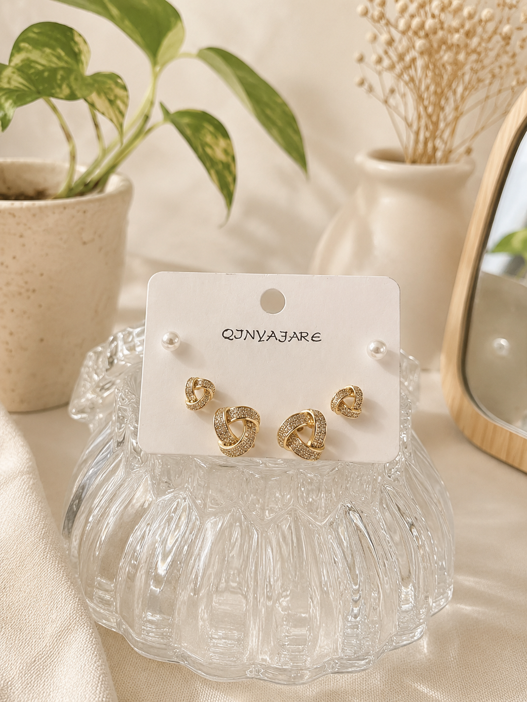 Luxury Knot Pearl Earrings Set | Gold Finish