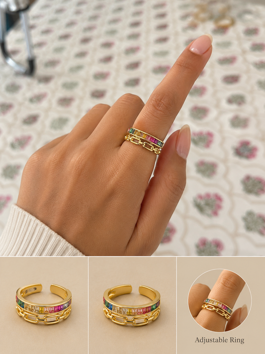 Multi-Hued Crystal Adjustable Ring
