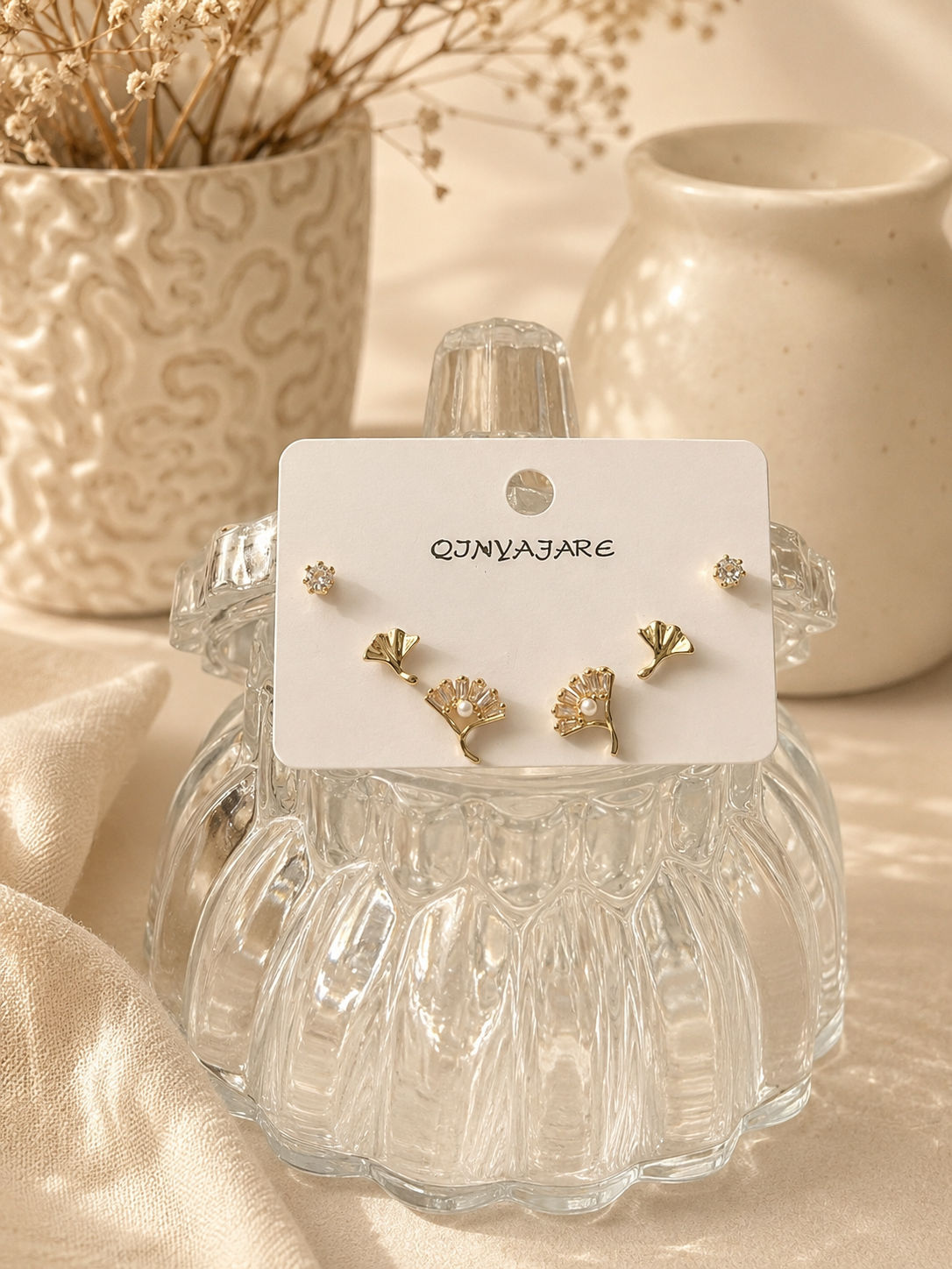 Golden Ginkgo Leaf Stud Earrings Set | Pearl & Crystal Design