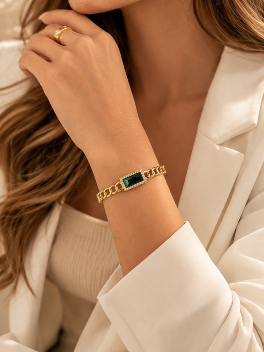 18K Gold-Plated Emerald Cut Green Stone Cuff Bangle – Anti-Tarnish Rigid Bracelet for Women