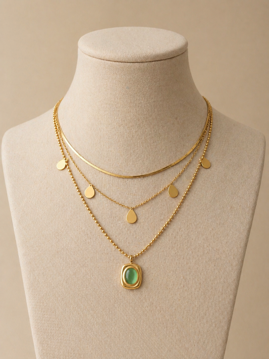 Emerald Glow Layered Gold Necklace
