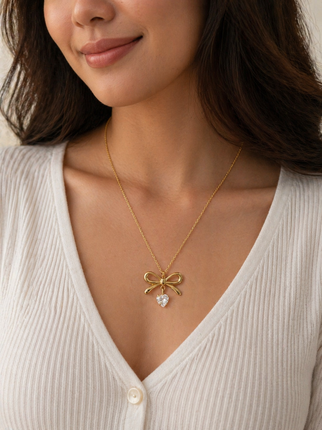 Golden Bow Heart Pendant Necklace
