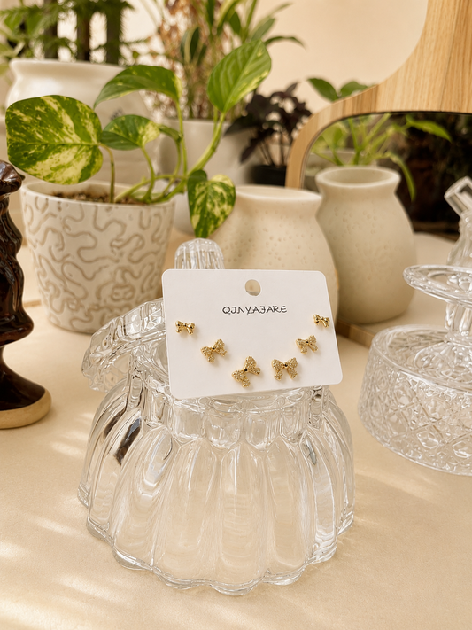 Golden Bow Stud Earrings Set