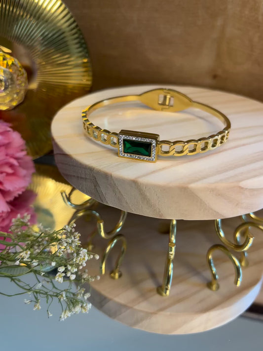 18K Gold-Plated Emerald Cut Green Stone Cuff Bangle – Anti-Tarnish Rigid Bracelet for Women